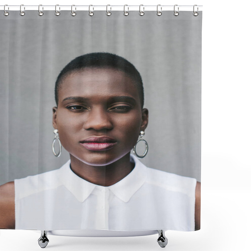 Personality  Portrait Of Fashionable Attractive African American Woman Looking At Camera Near Grey Wall Shower Curtains