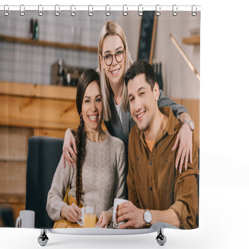 Personality  Cheerful Woman In Glasses Hugging Smiling Friends In Cafe  Shower Curtains