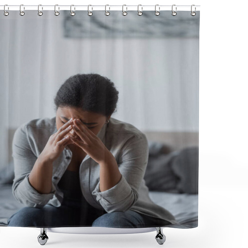 Personality  Depressed Multiracial Woman Crying On Blurred Bed At Home  Shower Curtains