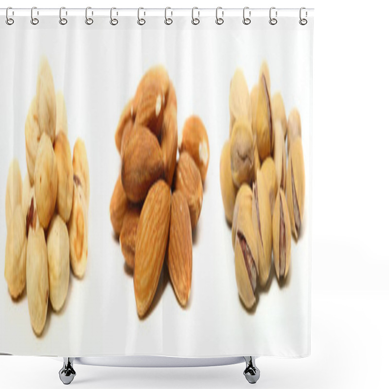 Personality  A Set Of Three Kinds Of Nuts. Three Heaps Of Nuts, Pistachios, Almonds And Hazelnuts. Shower Curtains