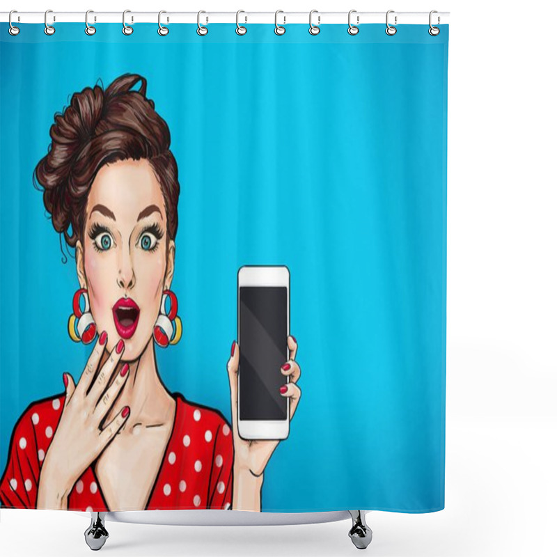 Personality  Girl With Phone In The Hand In Comic Style. Woman With Smartphone. Hipster Girl. Digital Advertisement.Woman With Phone. Shower Curtains