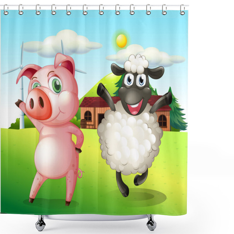 Personality  A Pig And A Sheep Dancing At The Farm With A Windmill Shower Curtains