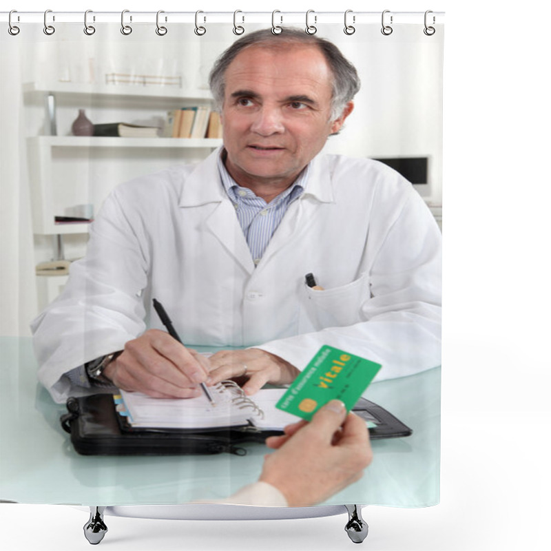 Personality  Woman Giving A Card To A Doctor Shower Curtains