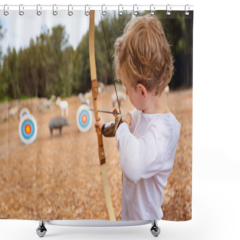 Personality  Little Boy Doing Archery, Aiming At The Target, Fun Outdoor Activity Concept Shower Curtains