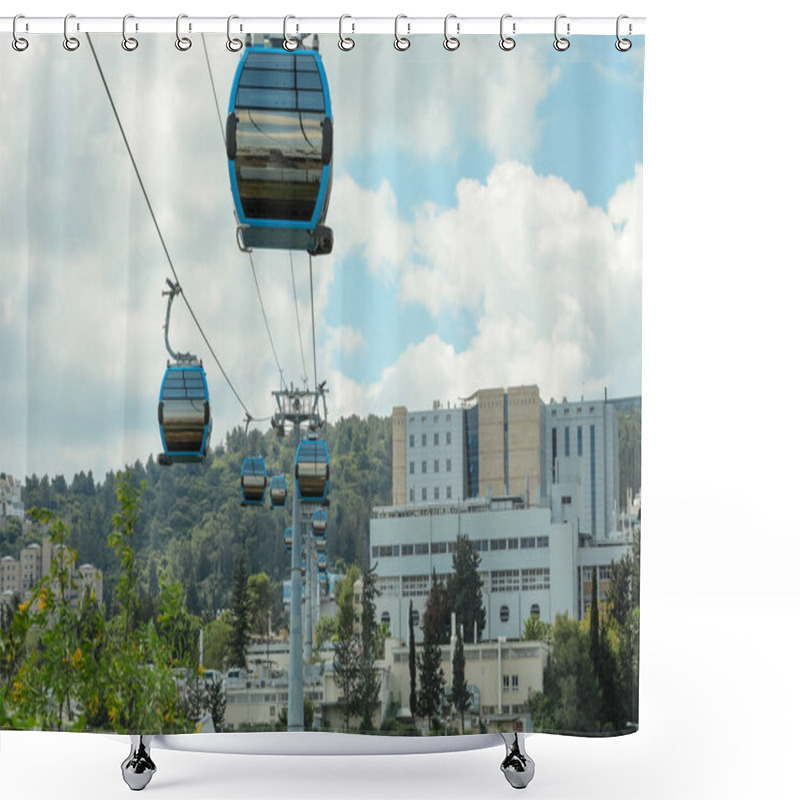 Personality  HAIFA, ISRAEL. April 26, 2021: The New Cable Car In Haifa That Connects The University Of Haifa And The Technion Institute To The Central Transportation Station. Shower Curtains