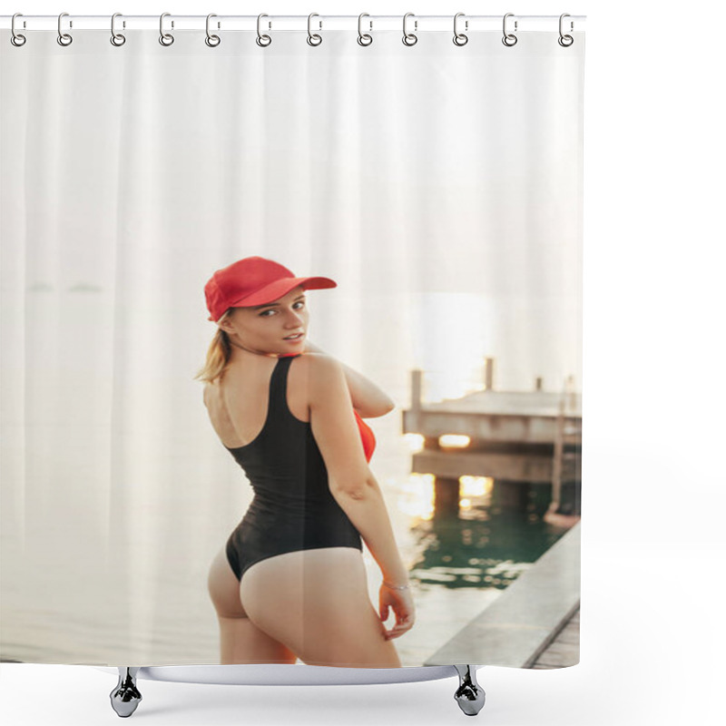 Personality  Seductive Beautiful Girl Posing In Swimsuit And Cap Near Ocean And Looking At Camera Shower Curtains