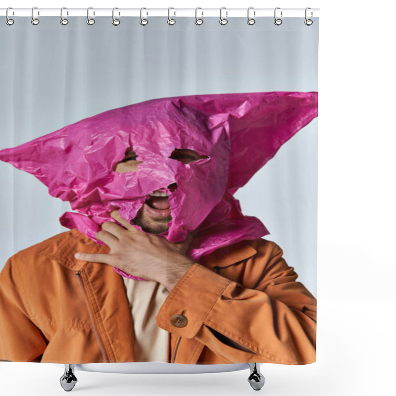 Personality  A Man With A Pink Plastic Bag Over His Head. Shower Curtains