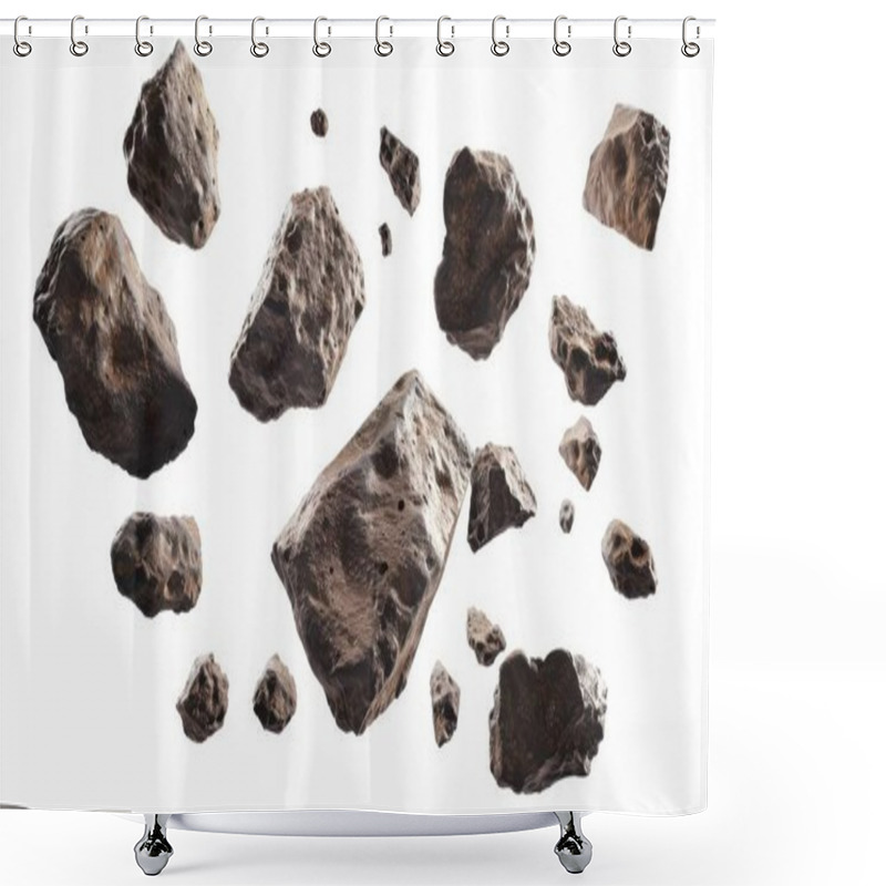 Personality  A Dynamic Composition Of Asteroids Floating In Space, Showcasing Their Rugged Textures And Varied Shapes. Shower Curtains