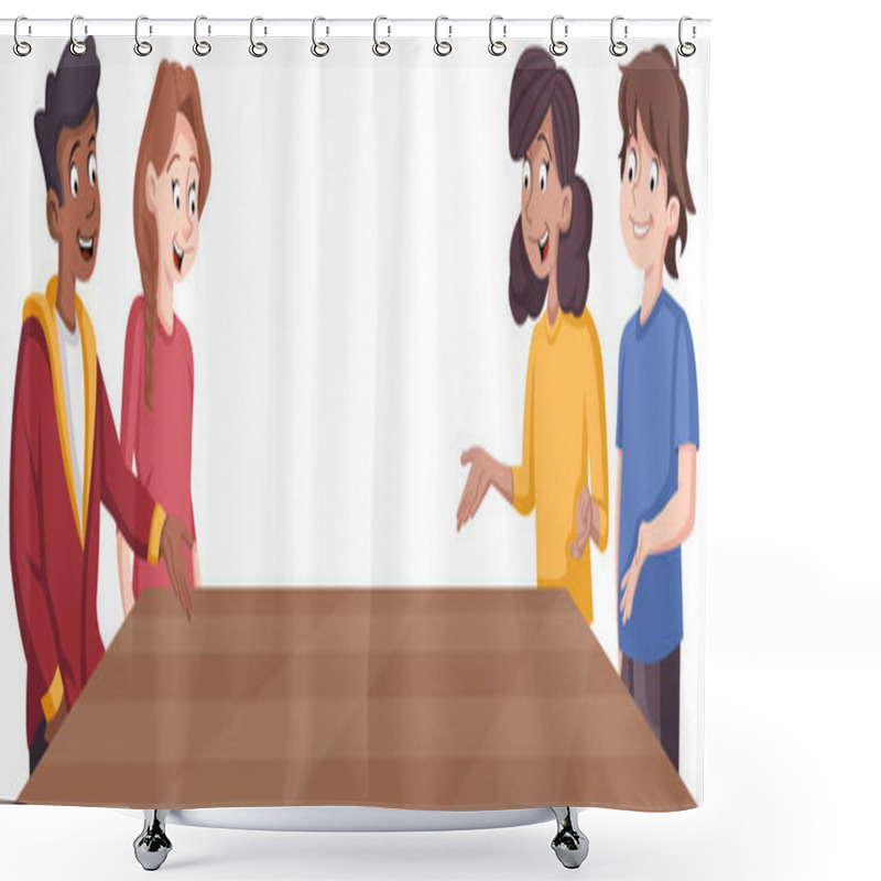 Personality  Cartoon Teenagers Around Table. Happy Young People. Shower Curtains