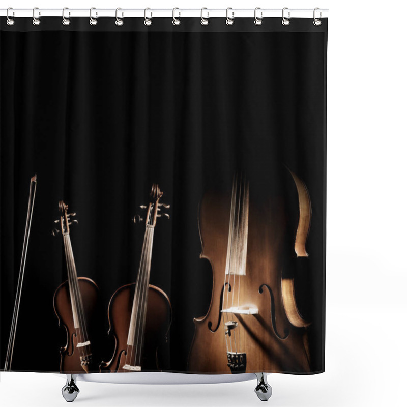 Personality  String Instruments Isolated. Violin, Viola And Cello Musical Instrument Of Orchestra. Classical Music Instruments Isolated On Black Background Shower Curtains