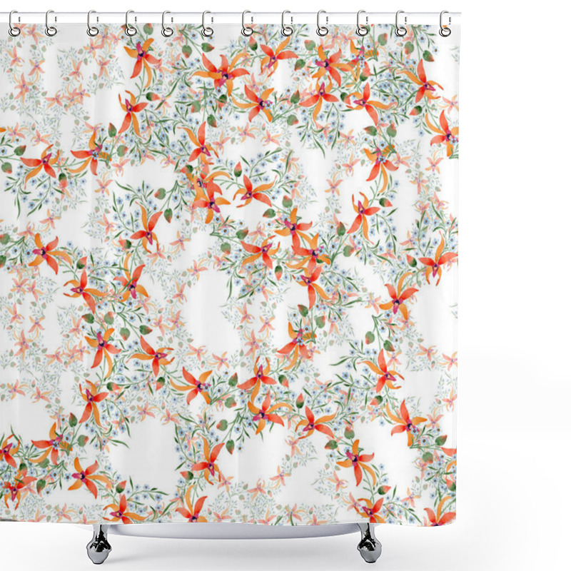 Personality  Blue And Orange Flowers. Watercolour Drawing Of Background With Orchids And Forget Me Nots. Shower Curtains