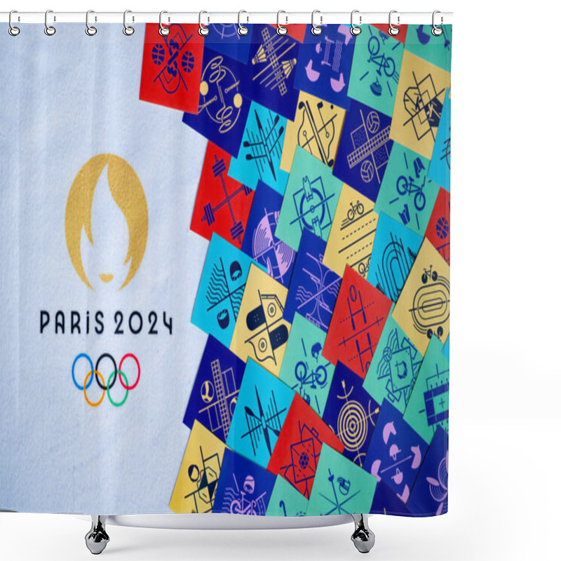 Personality  PARIS, FRANCE, MARCH 26, 2024: The Official Emblem Of The Paris 2024 Summer Olympics Combined With An Pictogram Cards Signifying All Olympic Sports Shower Curtains