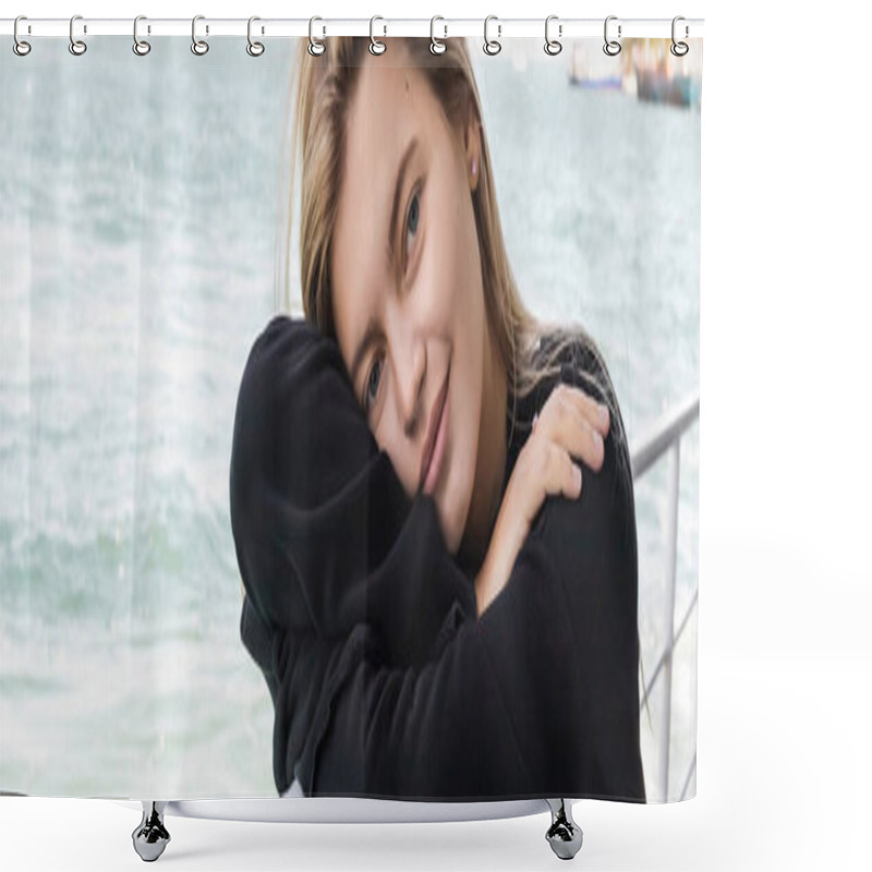 Personality  Blonde Woman In Black Sweater Looking At Camera From Ferry Boat Crossing Bosporus, Banner Shower Curtains