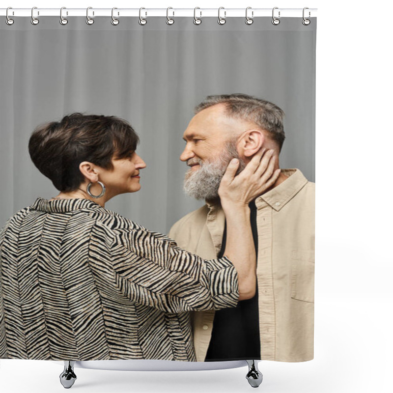 Personality  A Middle-aged Man And Woman In Stylish Attire Stand Gracefully Side By Side In A Studio Setting. Shower Curtains