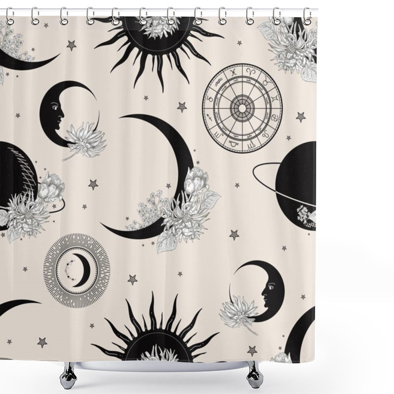 Personality  Sun, Crescent, Planets And Flowers. Black Silhouettes And White Flowers. Shower Curtains