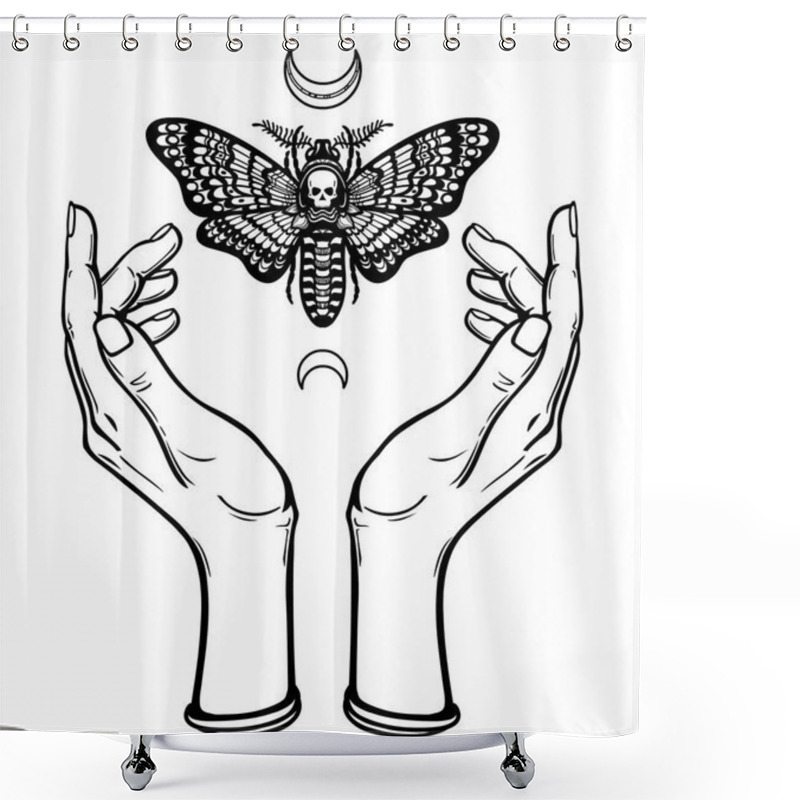 Personality  Human Hands Hold A Moth The Dead Head. Symbols Of The Moon. Mysticism, Esoteric, Sorcery. Coloring Book. Vector Illustration Isolated On A White Background. Shower Curtains