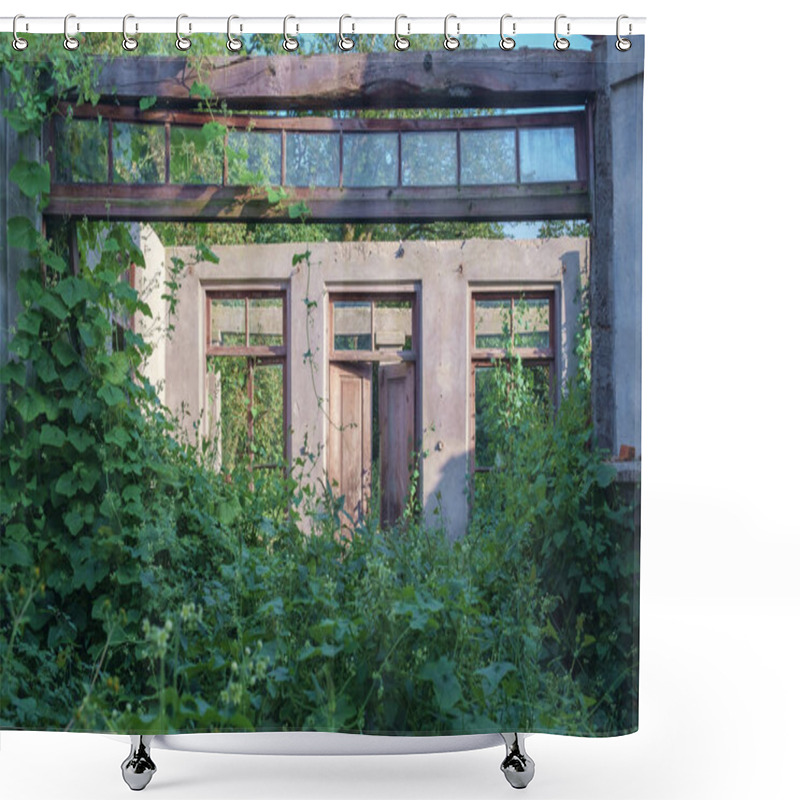 Personality  Abandoned Wrecked House With Empty Windows Overgrown With Green Ivy And Plants Shower Curtains