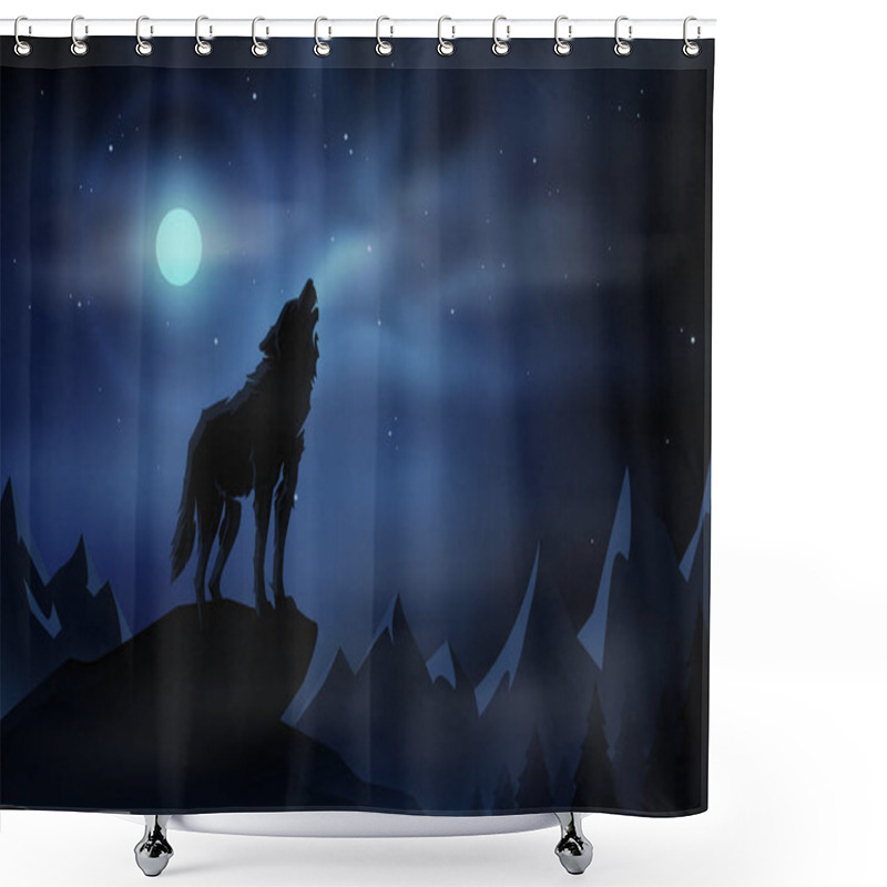 Personality  Black Wolf Howling Silhouette With Full Moon And Starry Night Sky With Mountains Wilderness Landscape Background. Vector Illustration. Shower Curtains