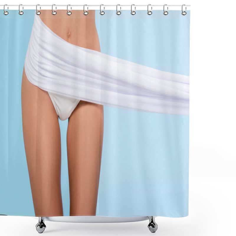 Personality  Cropped View Of Tanned Slim Girl In Bikini Posing With White Veil, Isolated On Blue Shower Curtains