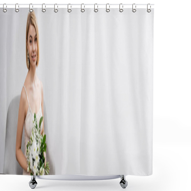 Personality  Special Occasion, Beautiful, Blonde Bride In Wedding Dress Sitting In Armchair And Holding Bouquet On Grey Background, White Flowers, Bridal Accessories, Happiness, Banner Shower Curtains