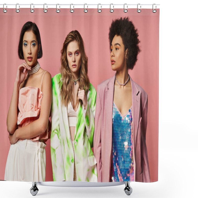 Personality  A Group Of Beautiful Women Of Different Ethnicities Standing Elegantly In A Row Against A Pink Studio Background. Shower Curtains