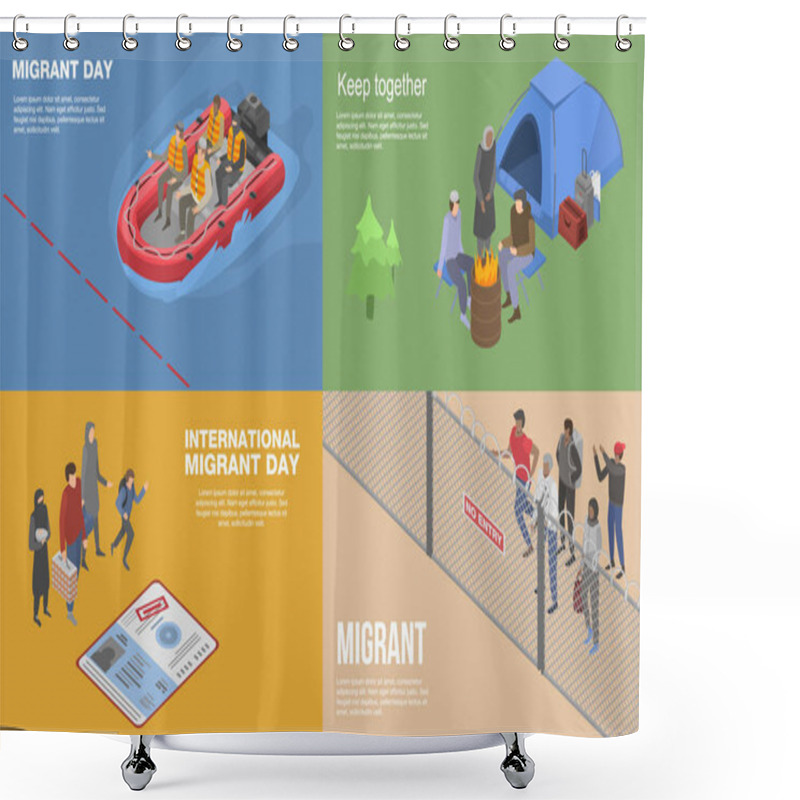 Personality  Migrant Refugee Banner Set, Isometric Style Shower Curtains