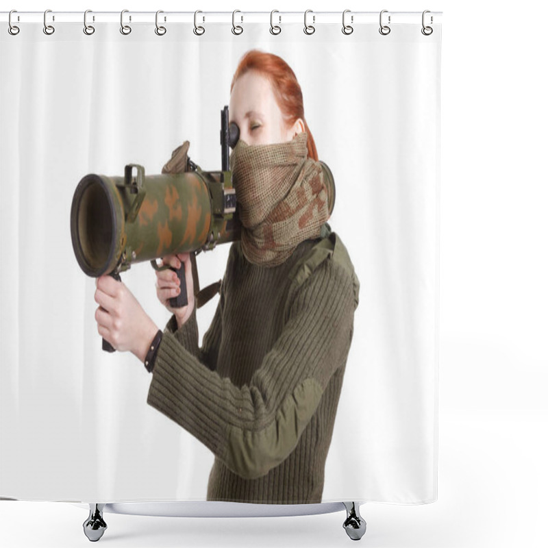 Personality  Girl Mercenary With RPG Rocket Launcher Isolated On White Shower Curtains