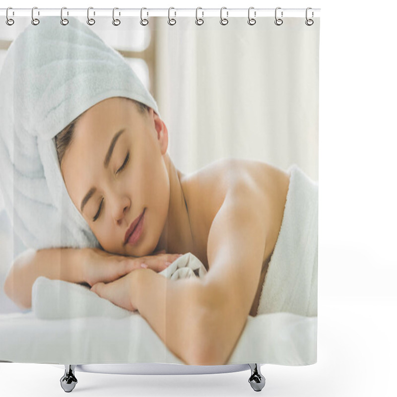 Personality  Beautiful Young Woman Relaxing On Masage Table At Spa Salon Shower Curtains