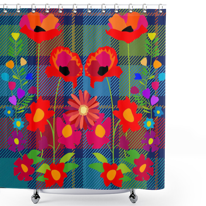 Personality  Fantasy Summer Wildflowers On Blue Textile Background. Shower Curtains