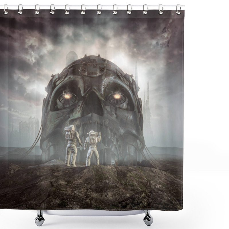 Personality  Giants Of Yesterday / 3D Illustration Of Science Fiction Scene Showing Astronauts Discovering Ancient Giant Robot Skull In The Desert Outside Alien City Shower Curtains