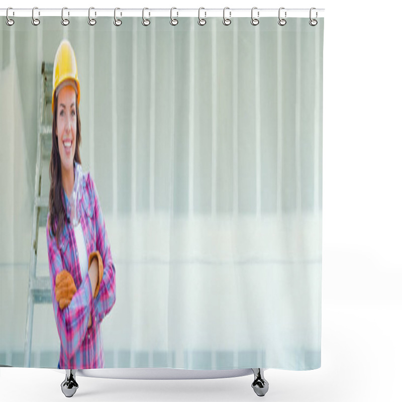 Personality  Female Contractor Wearing Hard Hat Against Dywall Banner Background With Ladder. Shower Curtains