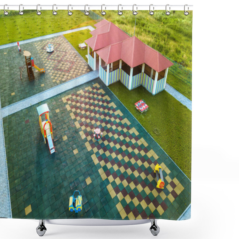 Personality  Aerial View Of New Alcove In Kindergarten Play Yard With Red Til Shower Curtains