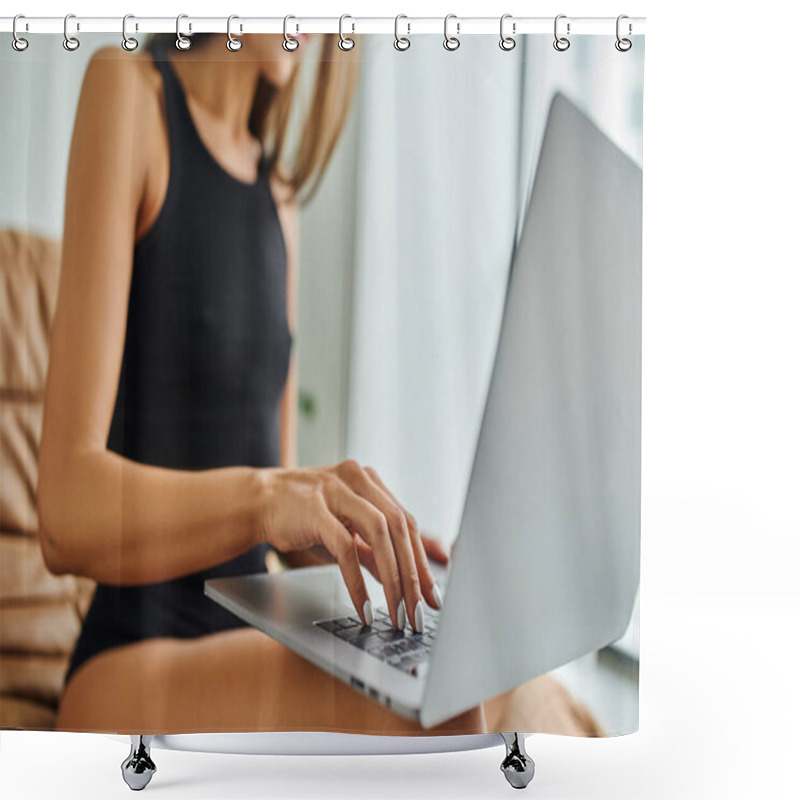 Personality  Cropped Freelancer Using Laptop And Sitting On Bean Bag Chair, Remote Work And Home Office Concept Shower Curtains