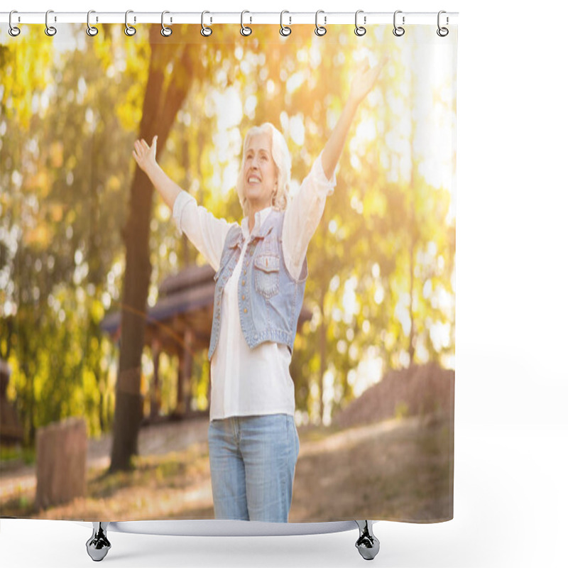 Personality  Upbeat Retired Woman Expressing Joy In The Park Shower Curtains