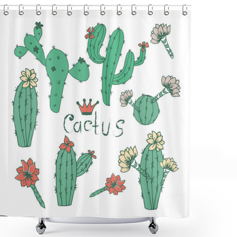 Personality  Cactus. Set. On A White Background. Sketch Doodle. Shower Curtains