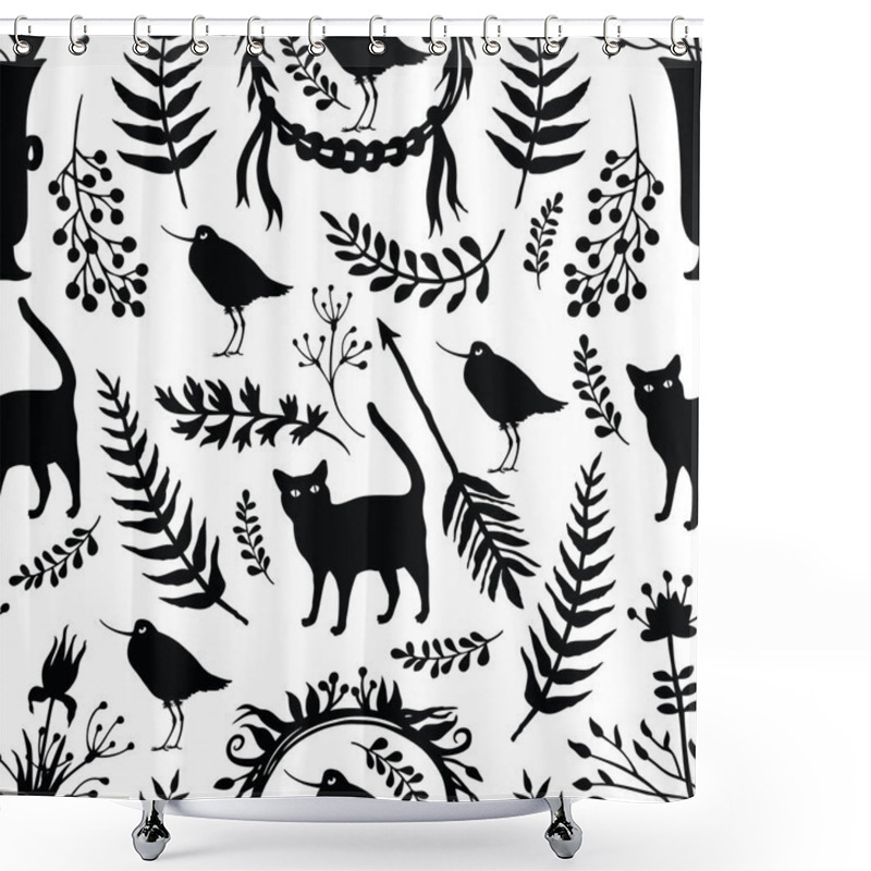 Personality  Background With Silhouettes Of Birds And Cats, Flowers, Herbs An Shower Curtains