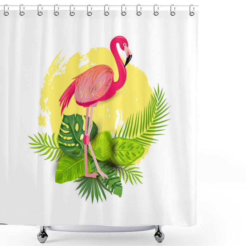 Personality  Pink Flamingo And Tropical Leaves Vector Illustration Isolated On White Background. Design Element For Tropical Party, T-shirt Design, Banner, Poster, Web, Invitation. Shower Curtains