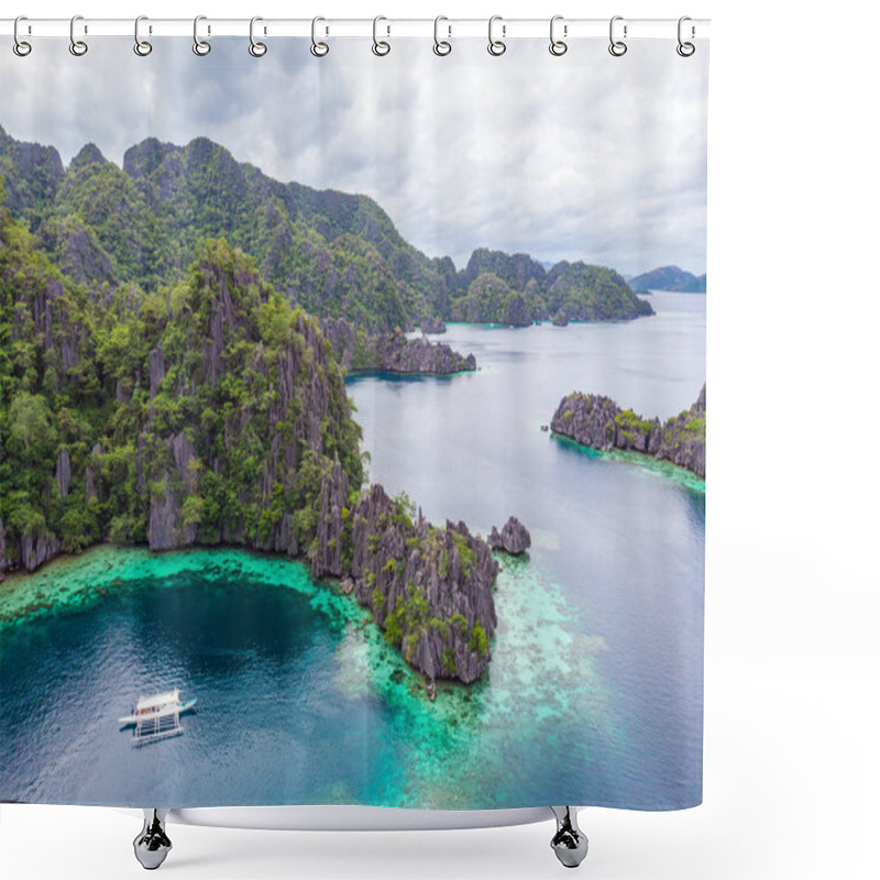 Personality  Aerial View Of Twin Lagoon On Paradise Island With Sharp Limestone Rocks, Tropical Travel Destination - Coron, Palawan, Philippines. Shower Curtains