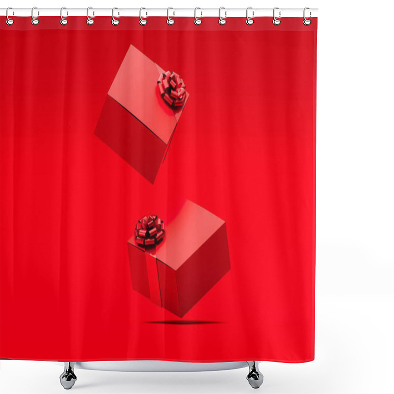 Personality  Red Realistic Cardboard Box With Red Ribbon On Red Background. 3d Rendering. Shower Curtains