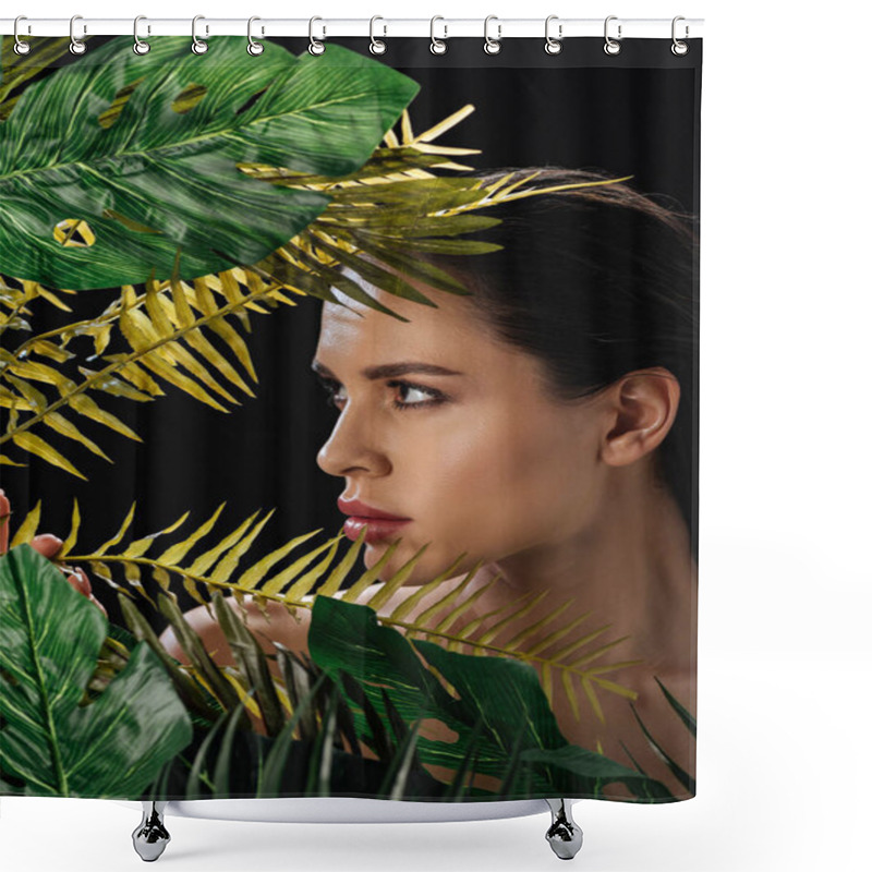 Personality  Portrait Of Beautiful Woman Near Green Leaves Isolated On Black Shower Curtains