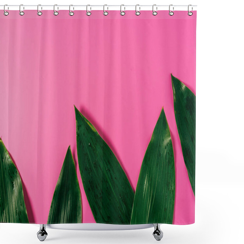 Personality  Top View Of Water Drops On Green Leaves On Pink Background Shower Curtains