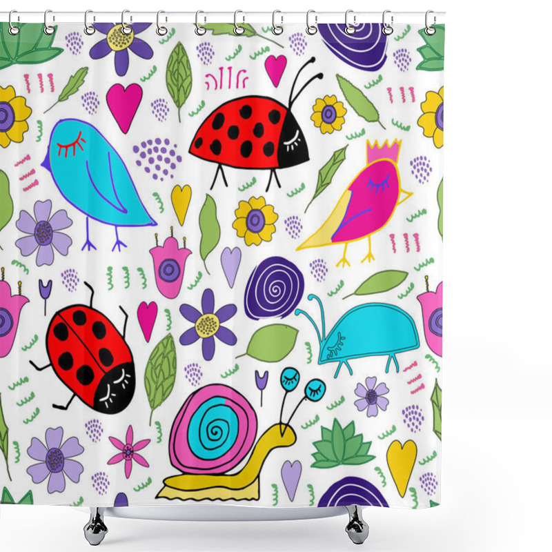 Personality  Hand Drawn Snail, Bird, Bug, Ladybug, Flowers, Leaves Doodle. Seamless Pattern. Print For Kids Design Shower Curtains