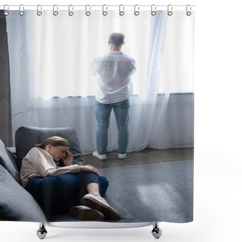 Personality  Upset Woman On Sofa And Man Standing Near Window Shower Curtains