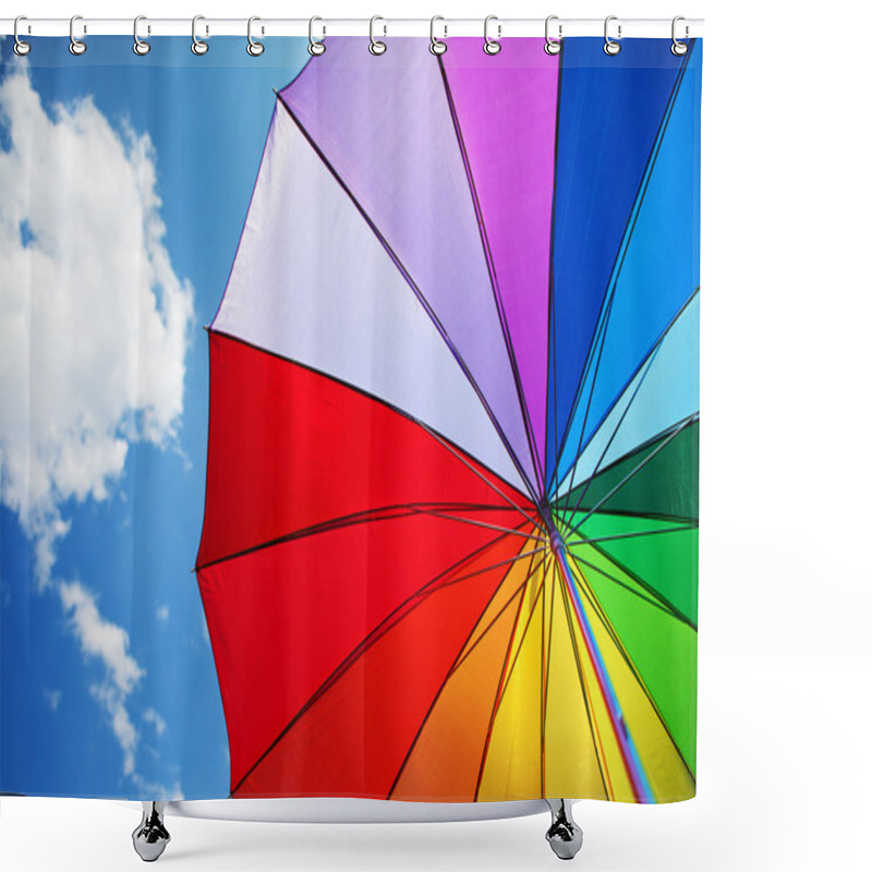 Personality  Rainbow Umbrella On Blue Sky Background Shower Curtains