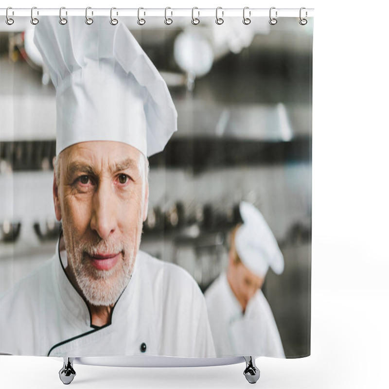 Personality  Handsome Male Chef In Uniform And Cap Looking At Camera In Restaurant Kitchen With Copy Space Shower Curtains