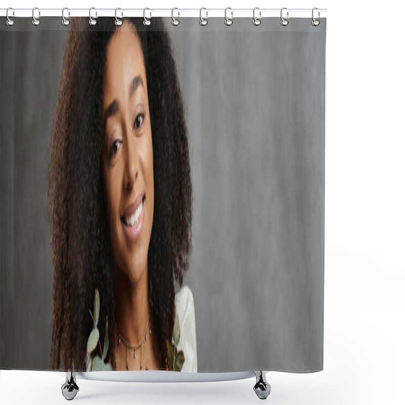 Personality  A Beautiful African American Bride Smiles Radiantly Against A Grey Background. Shower Curtains