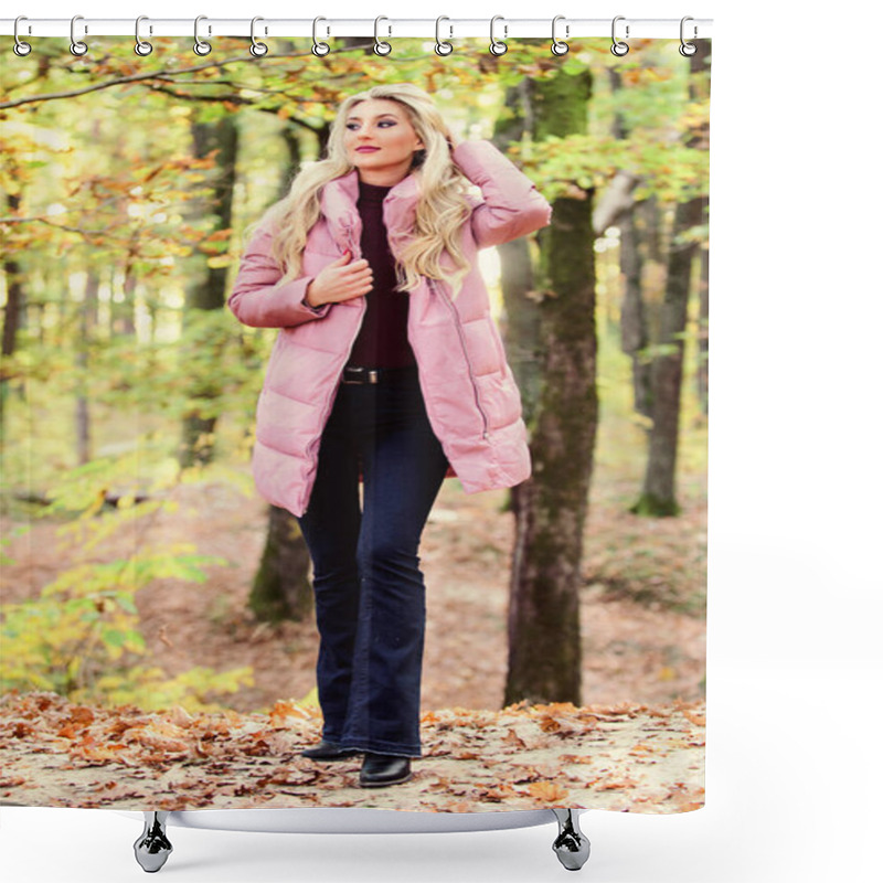 Personality  How To Rock Puffer Jacket Like A Star. Puffer Fashion Concept. Woman Wear Warm Pink Jacket. Girl Fashionable Blonde Walk In Autumn Forest. Jackets Everyone Should Have. Best Puffer Coats To Buy Shower Curtains