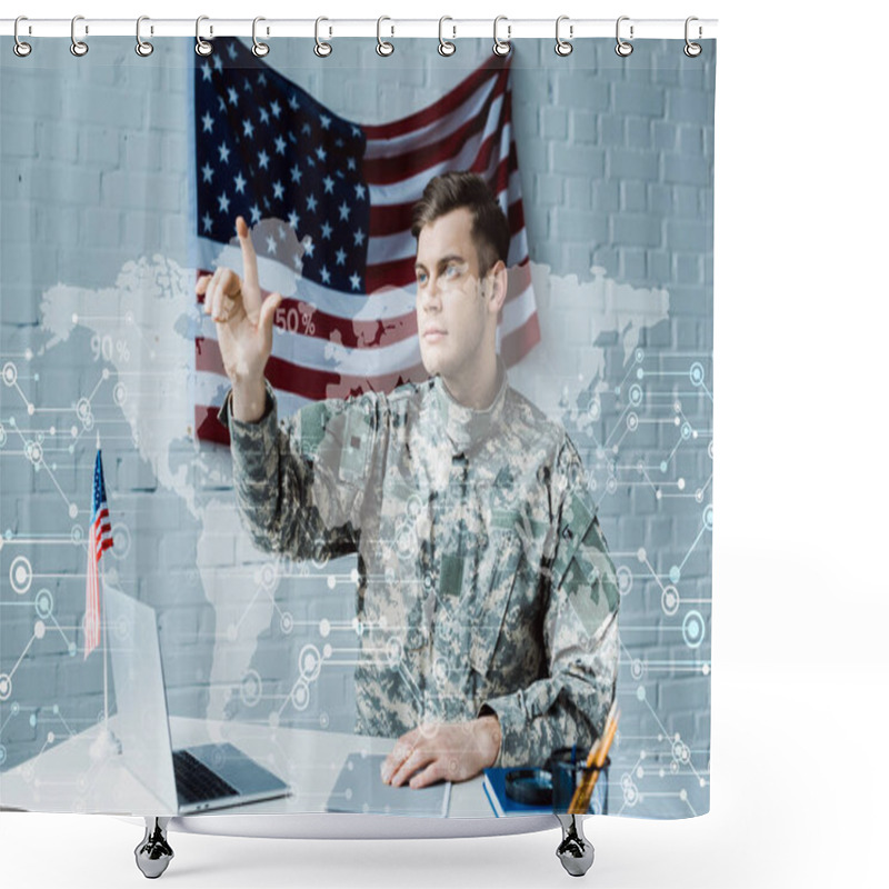 Personality  Handsome Man In Military Uniform Gesturing Near Data Visualization Shower Curtains