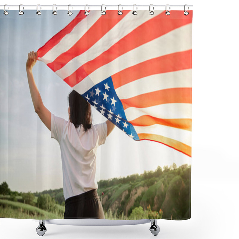 Personality  4th Of July. Fourth Of July. American Woman With The National American Flag Against Beautiful Landmark. Independence Day. Beautiful Sunset Light. Patriotic Holiday, Democracy Respect And Veteran Respect Concept Shower Curtains