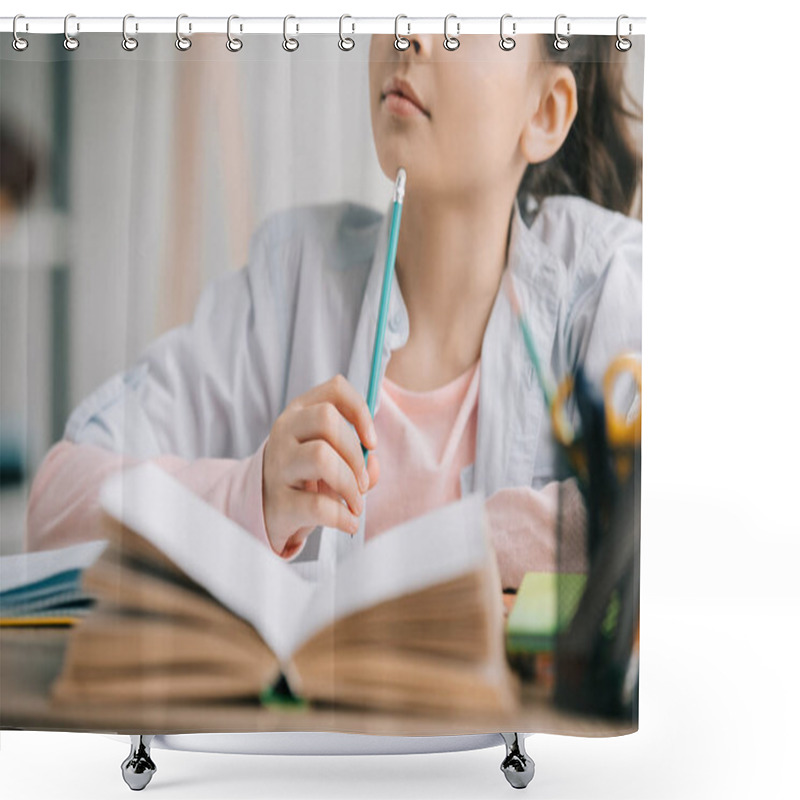 Personality  Partial View Of Schoolkid Holding Pencil While Sitting At Desk Near Book And Doing Homework Shower Curtains